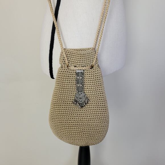 Varsha Patel Crochet Drawstring Crossbody Bag Braided Straps Aged Silver Detail - Picture 3 of 10